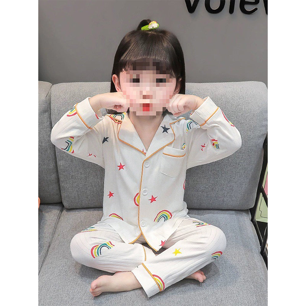 White Rainbow & Stars print soft cotton Kids nightsuit
