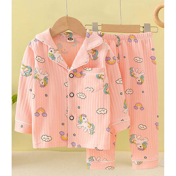 Bright Pink Unicorn & Rainbow print soft cotton Kids nightsuit