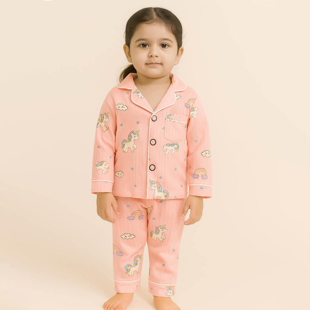 Bright Pink Unicorn & Rainbow print soft cotton Kids nightsuit