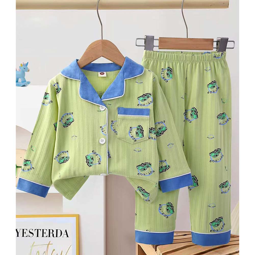 Green vintage Cars print soft Cotton Kids Nightsuit
