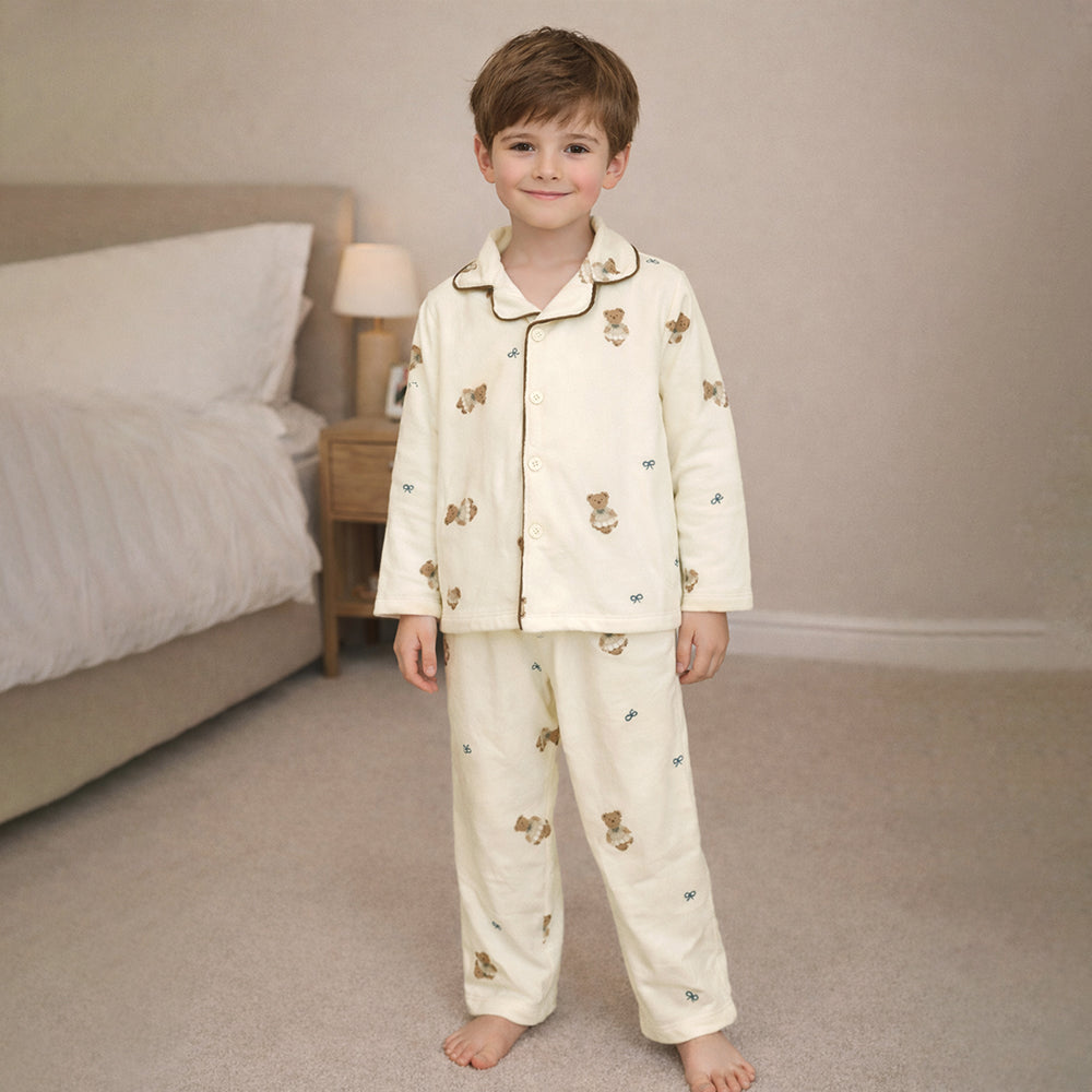 Bear with Bow,Soft Fleece Winter Nightsuit Set for Kids & Teens