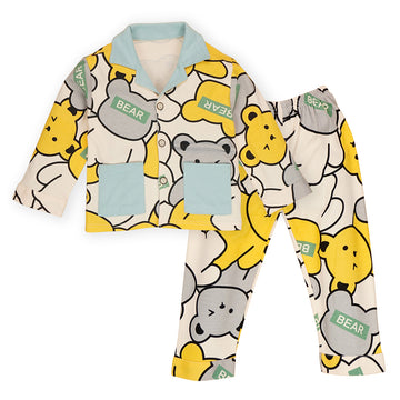 Yellow Grey Bear print soft Cotton Kids Nightsuit