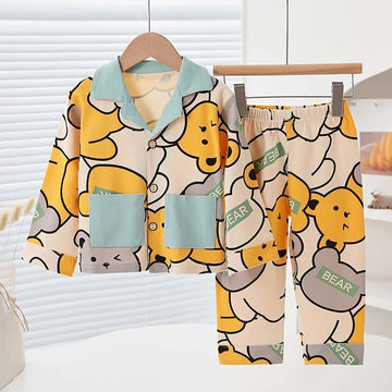 Yellow Grey Bear print soft Cotton Kids Nightsuit
