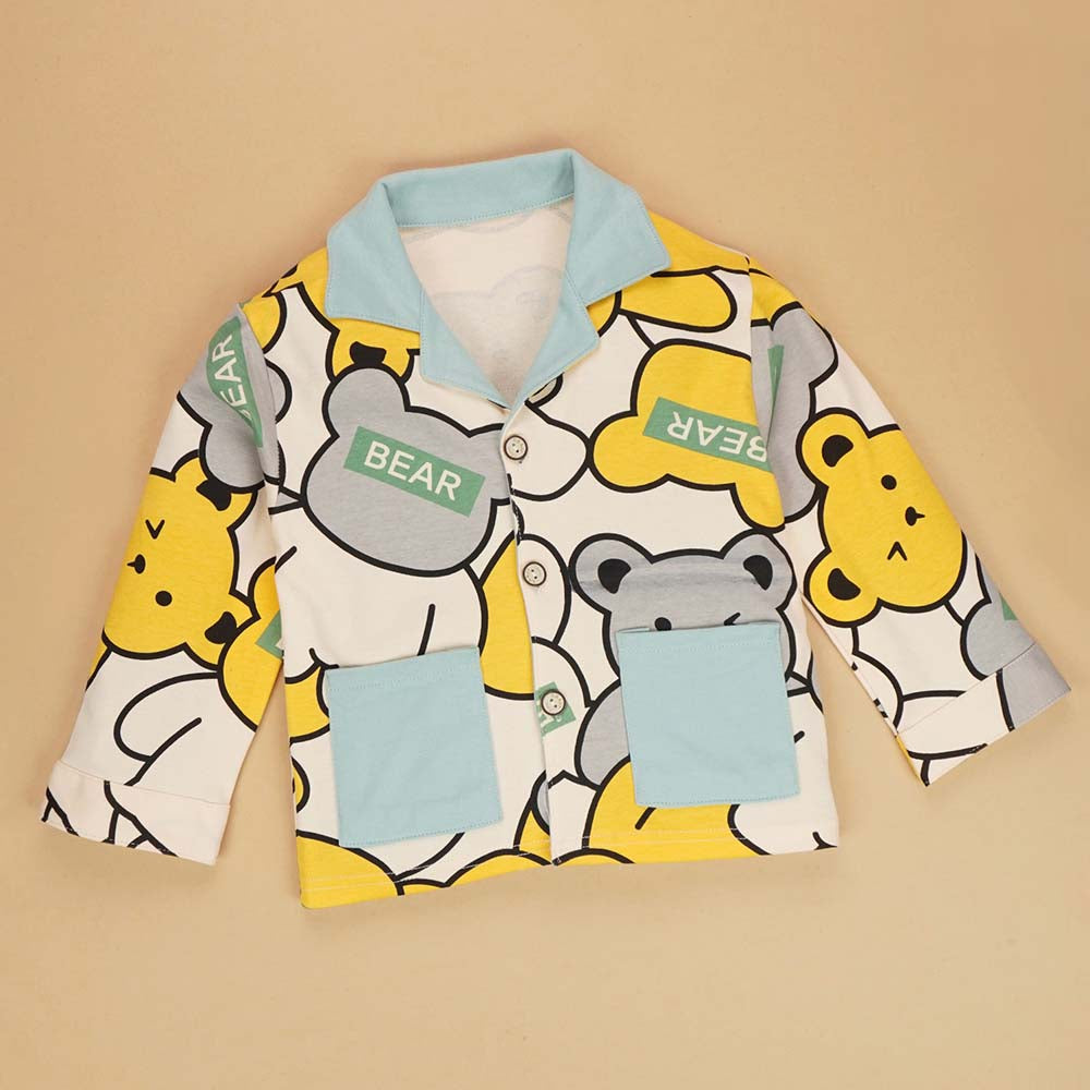 Yellow Grey Bear print soft Cotton Kids Nightsuit