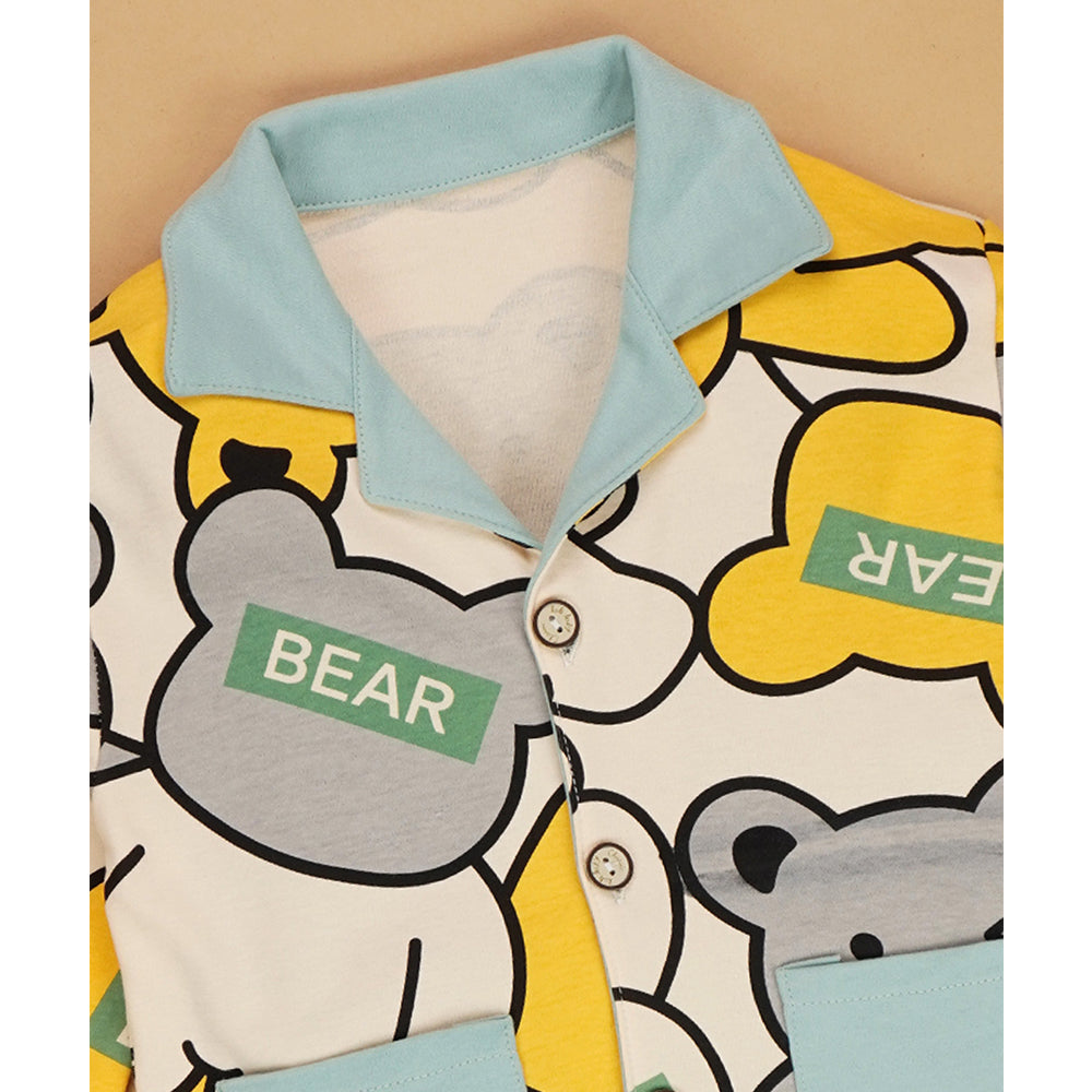 Yellow Grey Bear print soft Cotton Kids Nightsuit