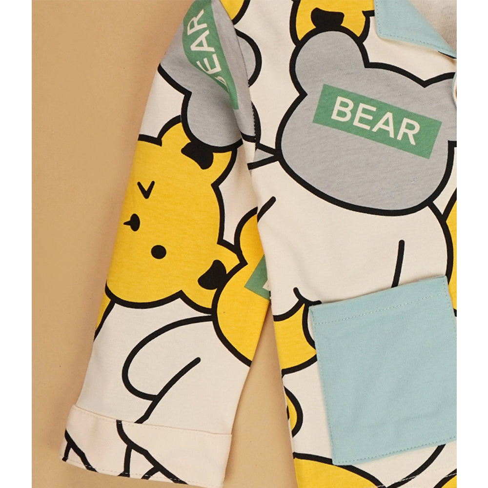 Yellow Grey Bear print soft Cotton Kids Nightsuit