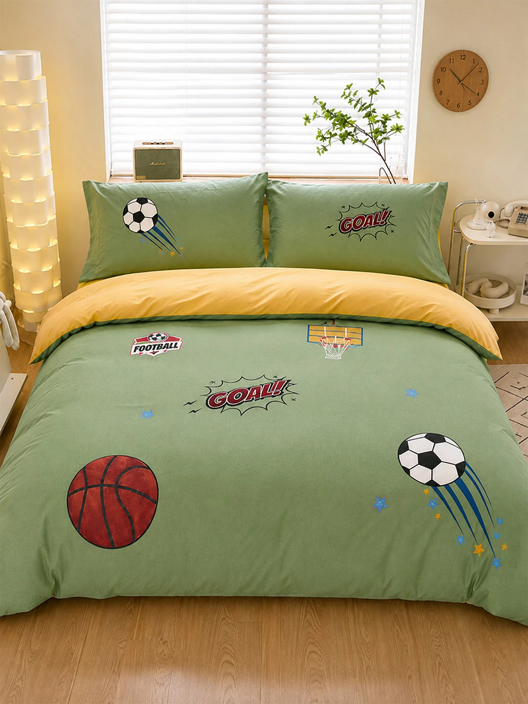 4 pcs Olive Sports Goal theme, Luxe Embroidered collection of Double Bed Comforter, flat bedsheet, 2 pillow covers Bedding Set for King Size Bed.