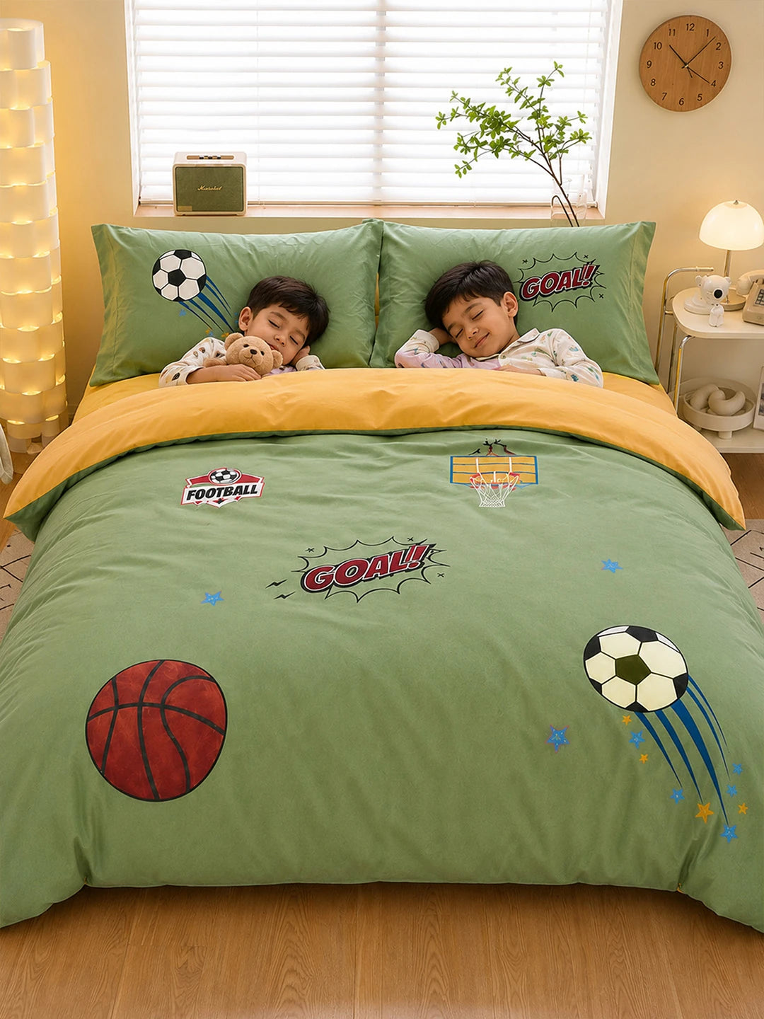 4 pcs Olive Sports Goal theme, Luxe Embroidered collection of Double Bed Comforter, flat bedsheet, 2 pillow covers Bedding Set for King Size Bed.
