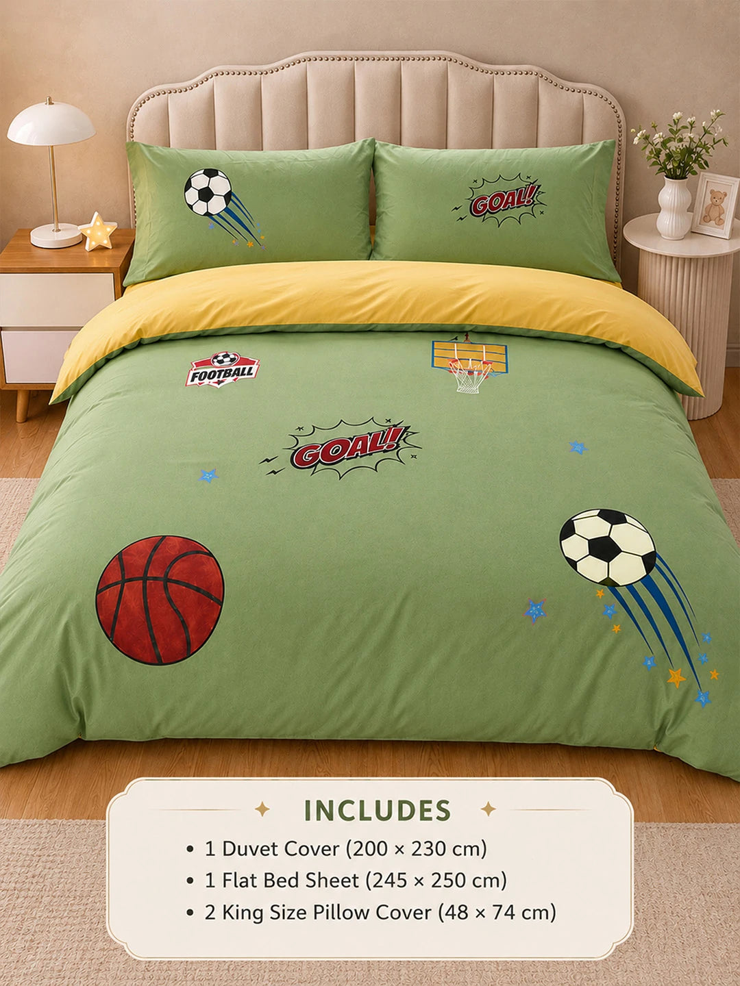 4 pcs Olive Sports Goal theme, Luxe Embroidered collection of Double Bed Comforter, flat bedsheet, 2 pillow covers Bedding Set for King Size Bed.