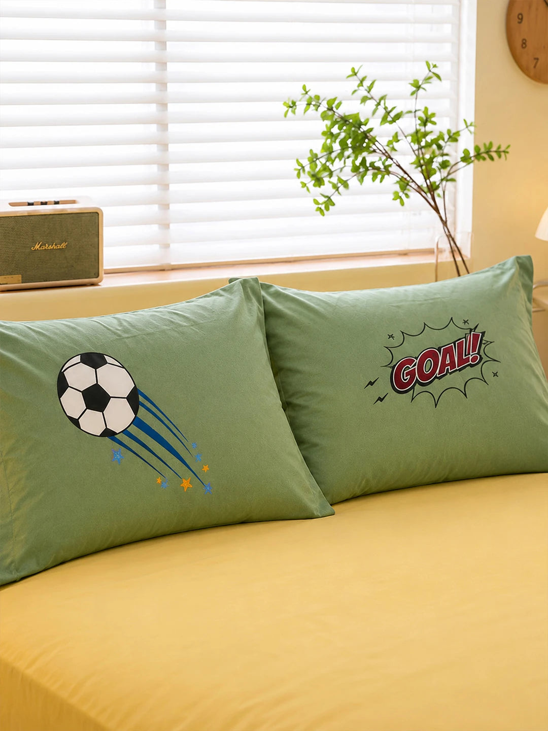 4 pcs Olive Sports Goal theme, Luxe Embroidered collection of Double Bed Comforter, flat bedsheet, 2 pillow covers Bedding Set for King Size Bed.