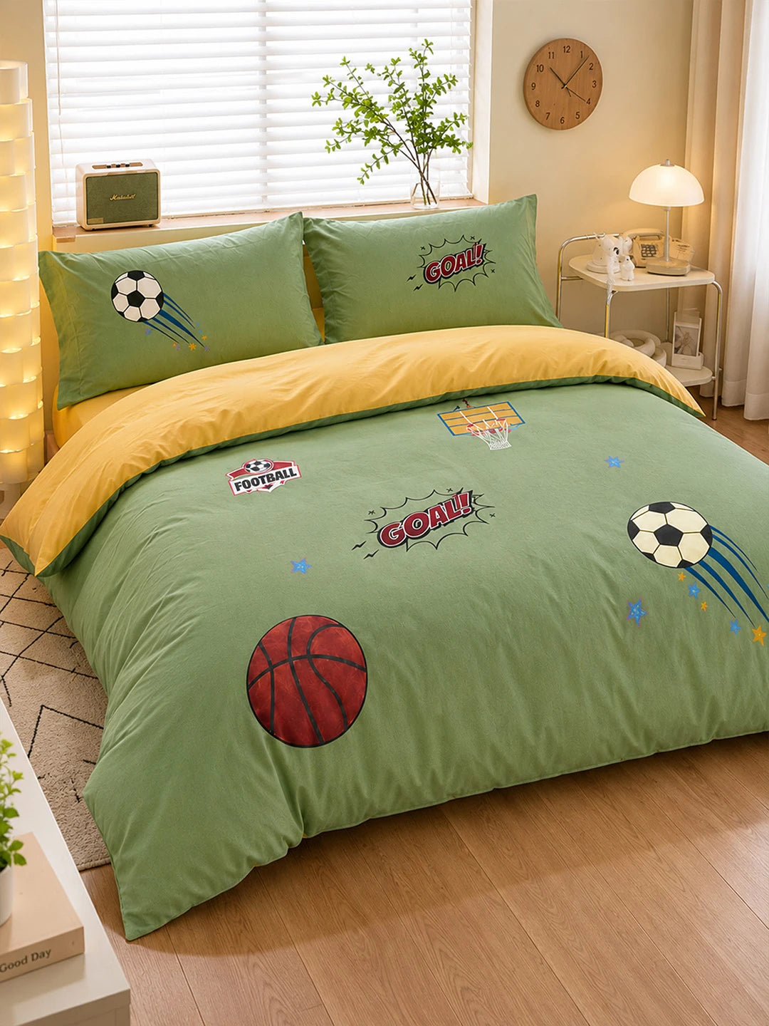 4 pcs Olive Sports Goal theme, Luxe Embroidered collection of Double Bed Comforter, flat bedsheet, 2 pillow covers Bedding Set for King Size Bed.