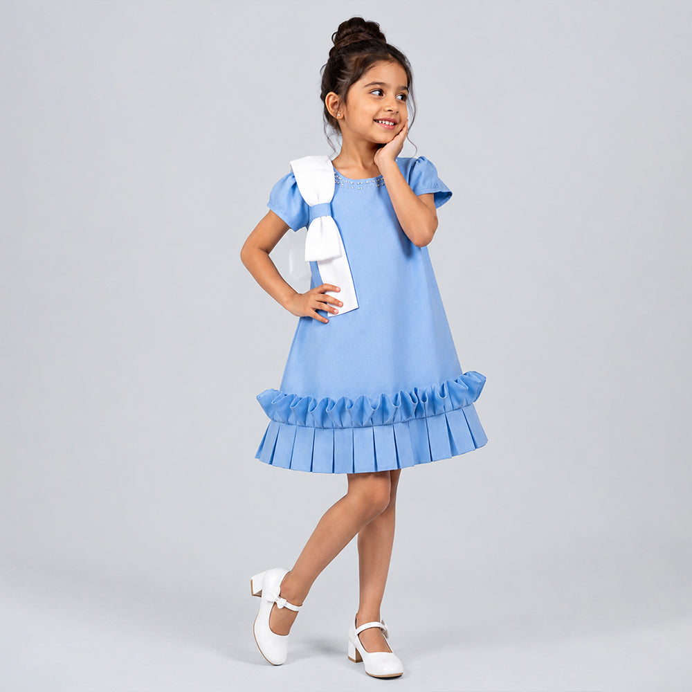Light Blue Pearl Embellished Soft Ruffle Scuba Party Dress for Girls