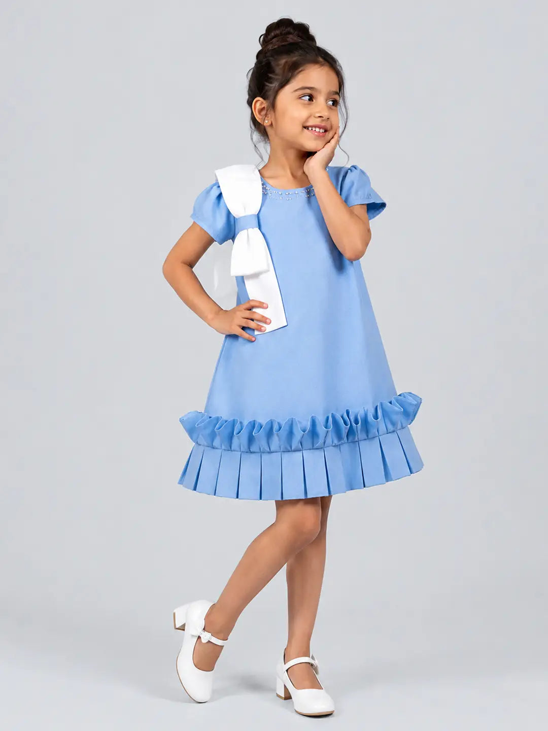 Light Blue Pearl Embellished Soft Ruffle Scuba Party Dress for Girls