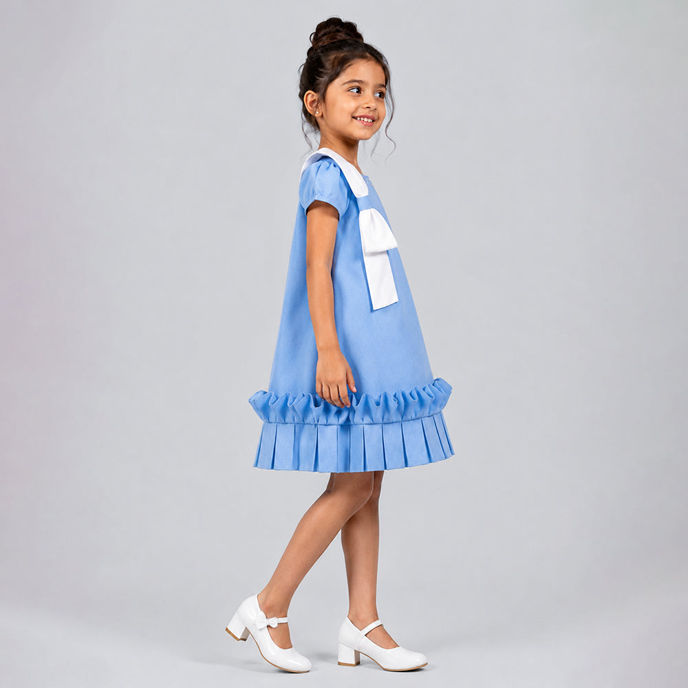 Light Blue Pearl Embellished Soft Ruffle Scuba Party Dress for Girls