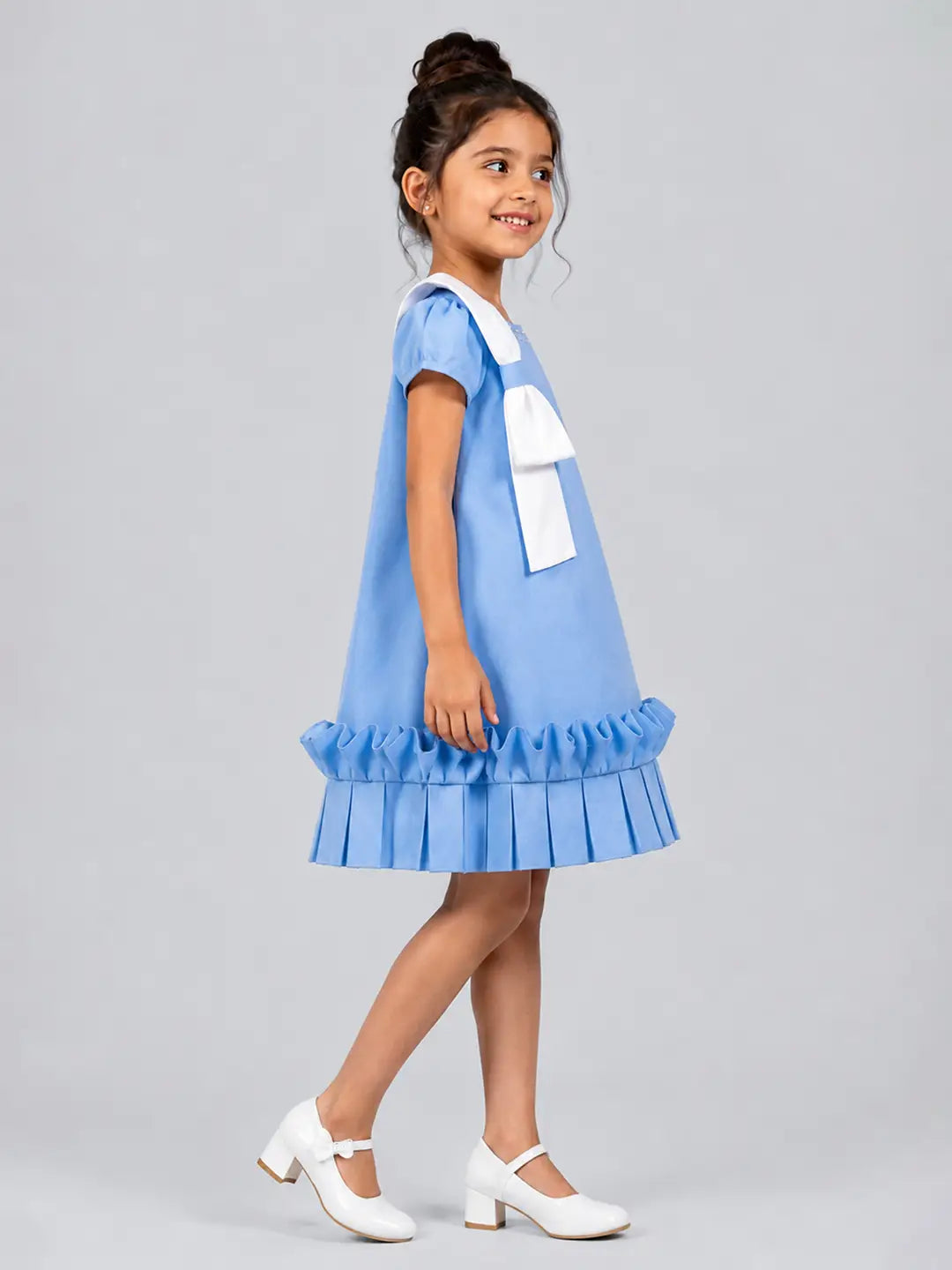 Light Blue Pearl Embellished Soft Ruffle Scuba Party Dress for Girls