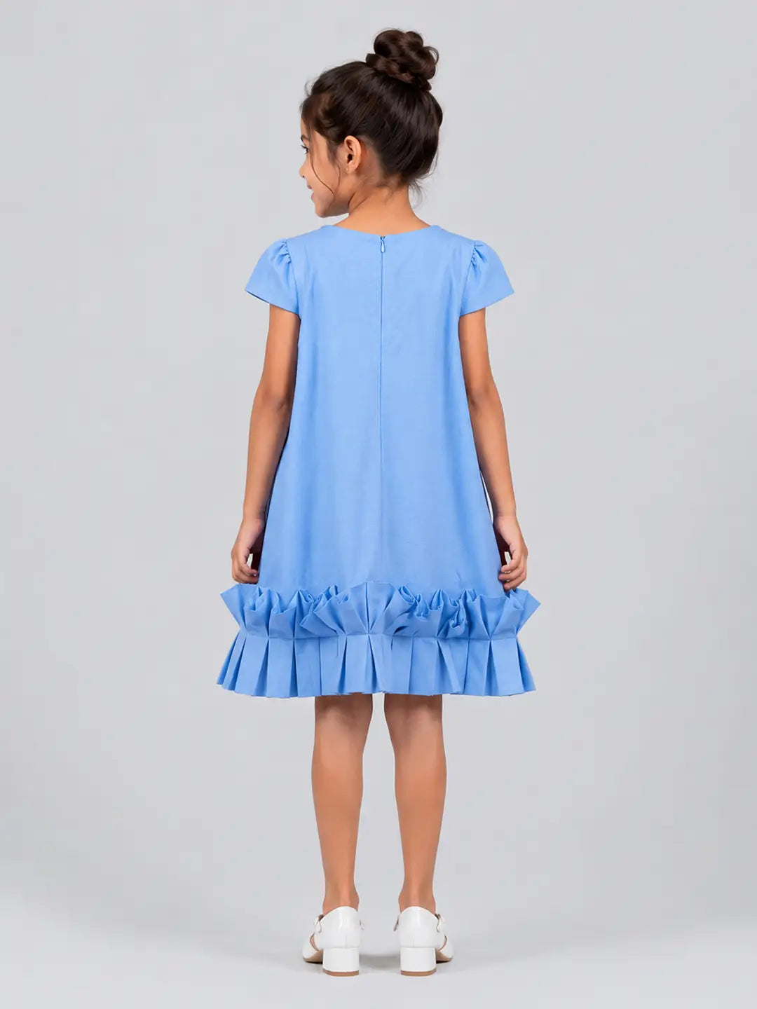 Light Blue Pearl Embellished Soft Ruffle Scuba Party Dress for Girls