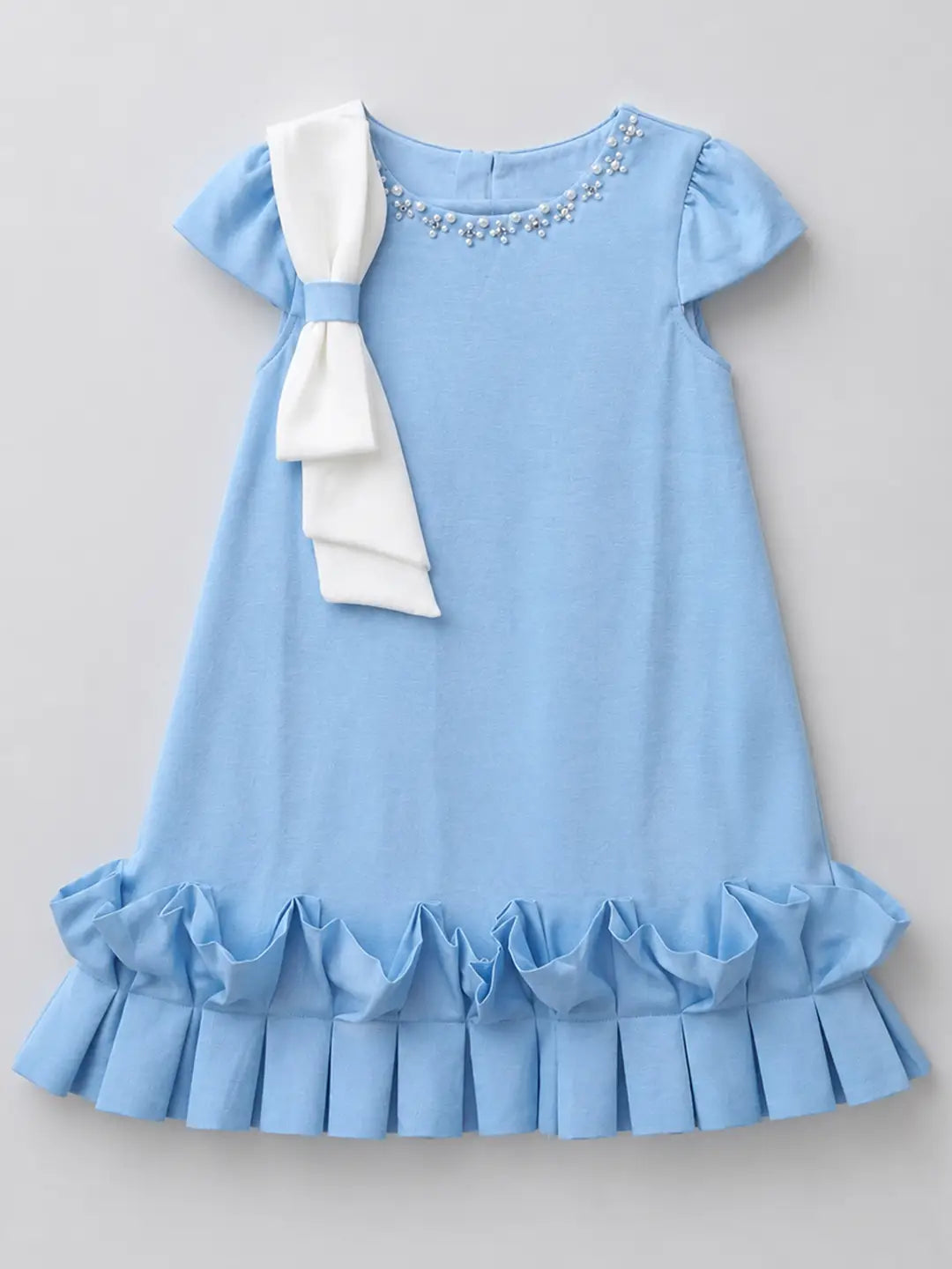Light Blue Pearl Embellished Soft Ruffle Scuba Party Dress for Girls