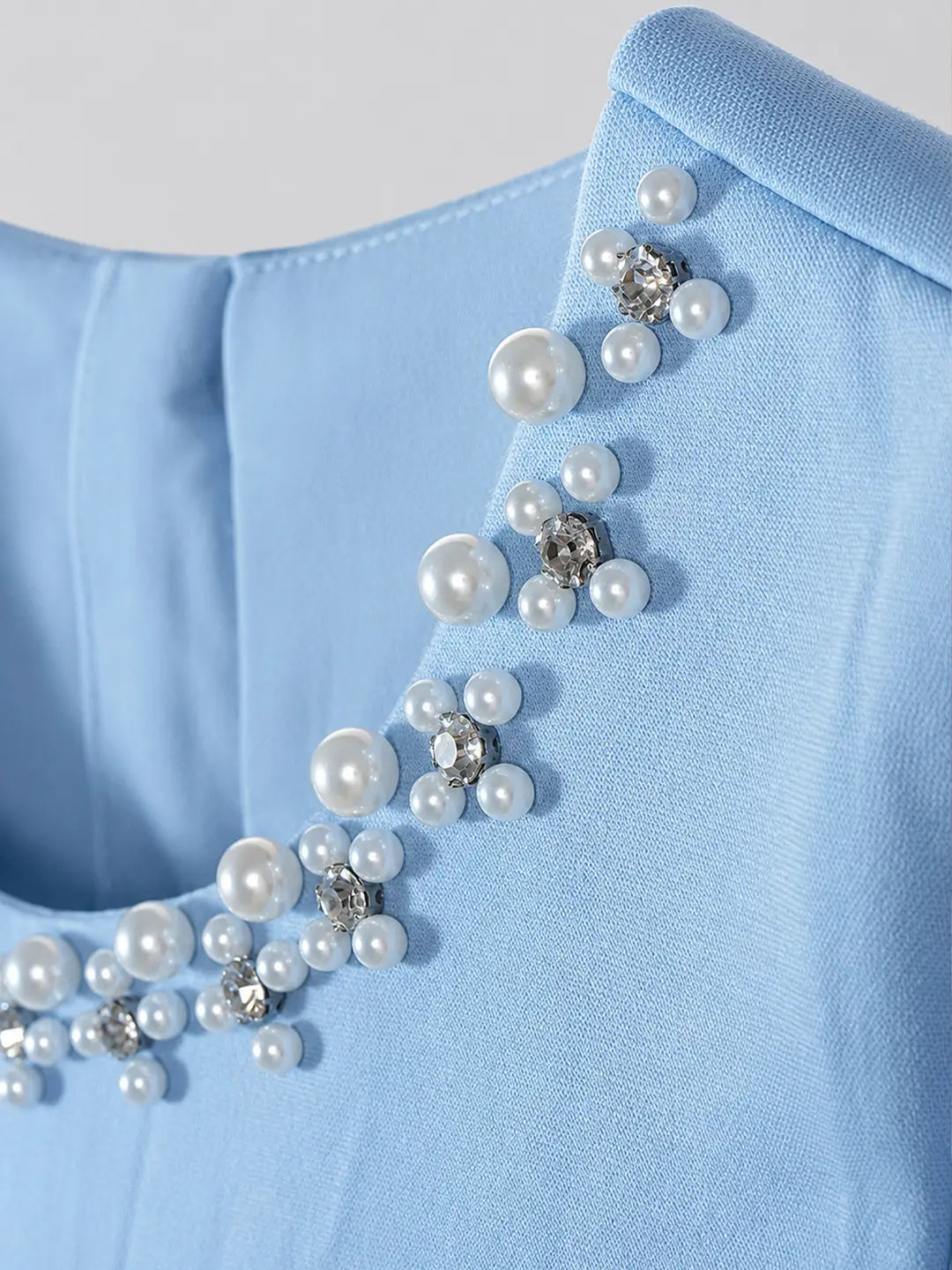 Light Blue Pearl Embellished Soft Ruffle Scuba Party Dress for Girls