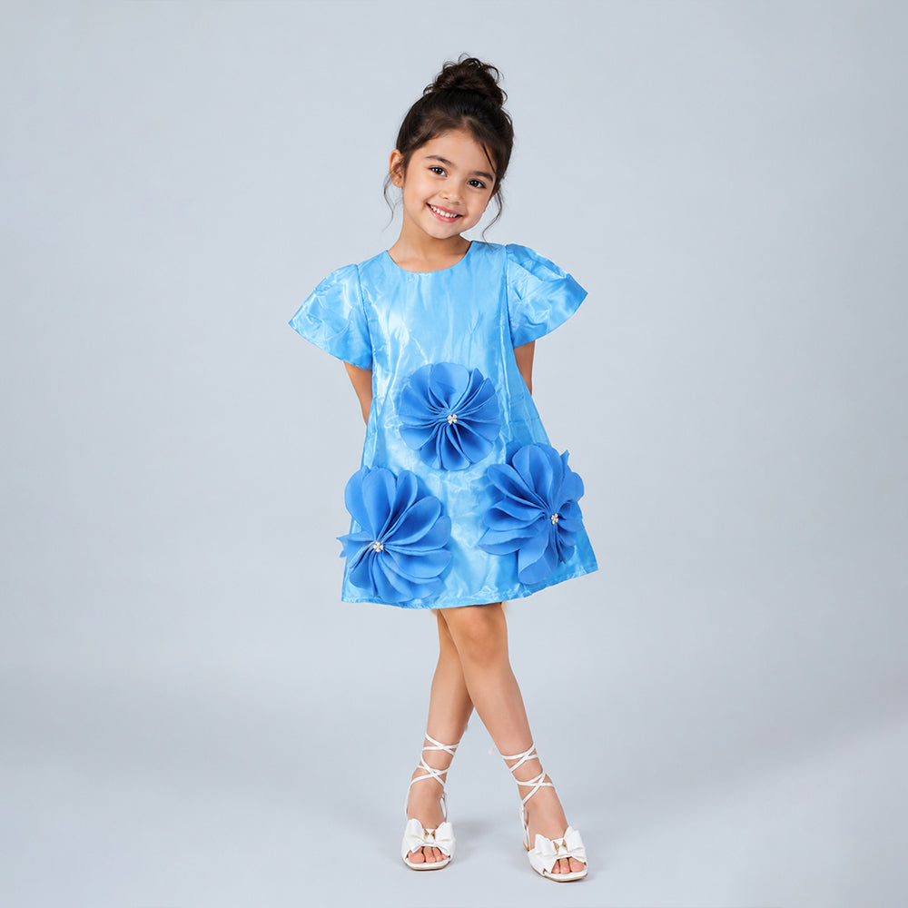Blue Satin oversized 3D Floral with Flutter Sleeves Party Dress for Girls