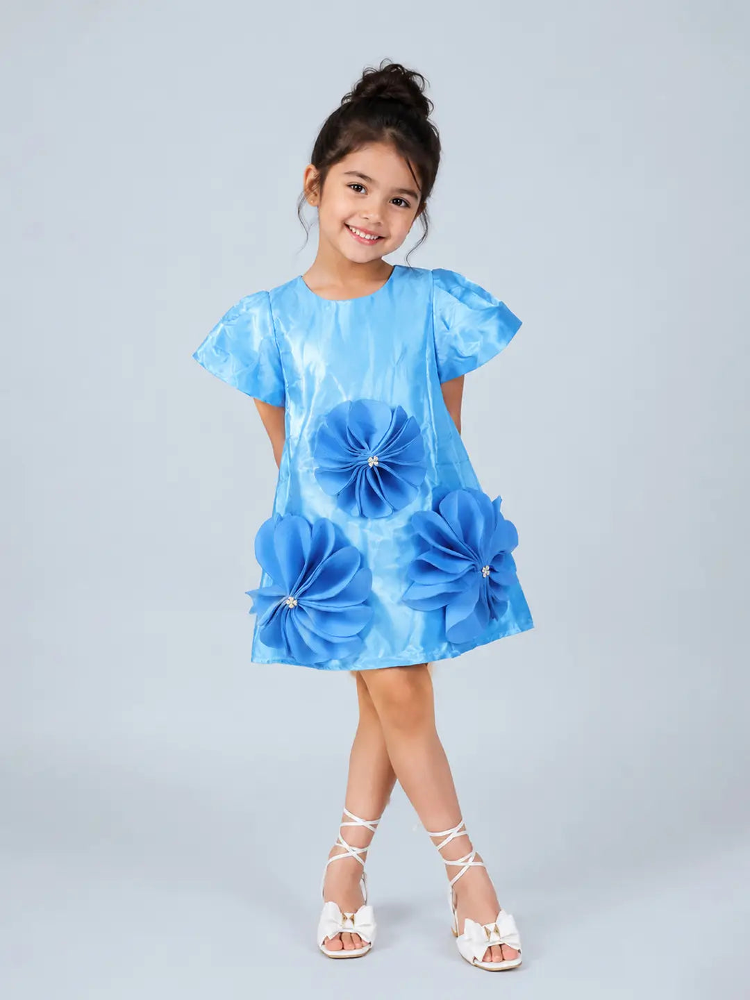 Blue Satin oversized 3D Floral with Flutter Sleeves Party Dress for Girls