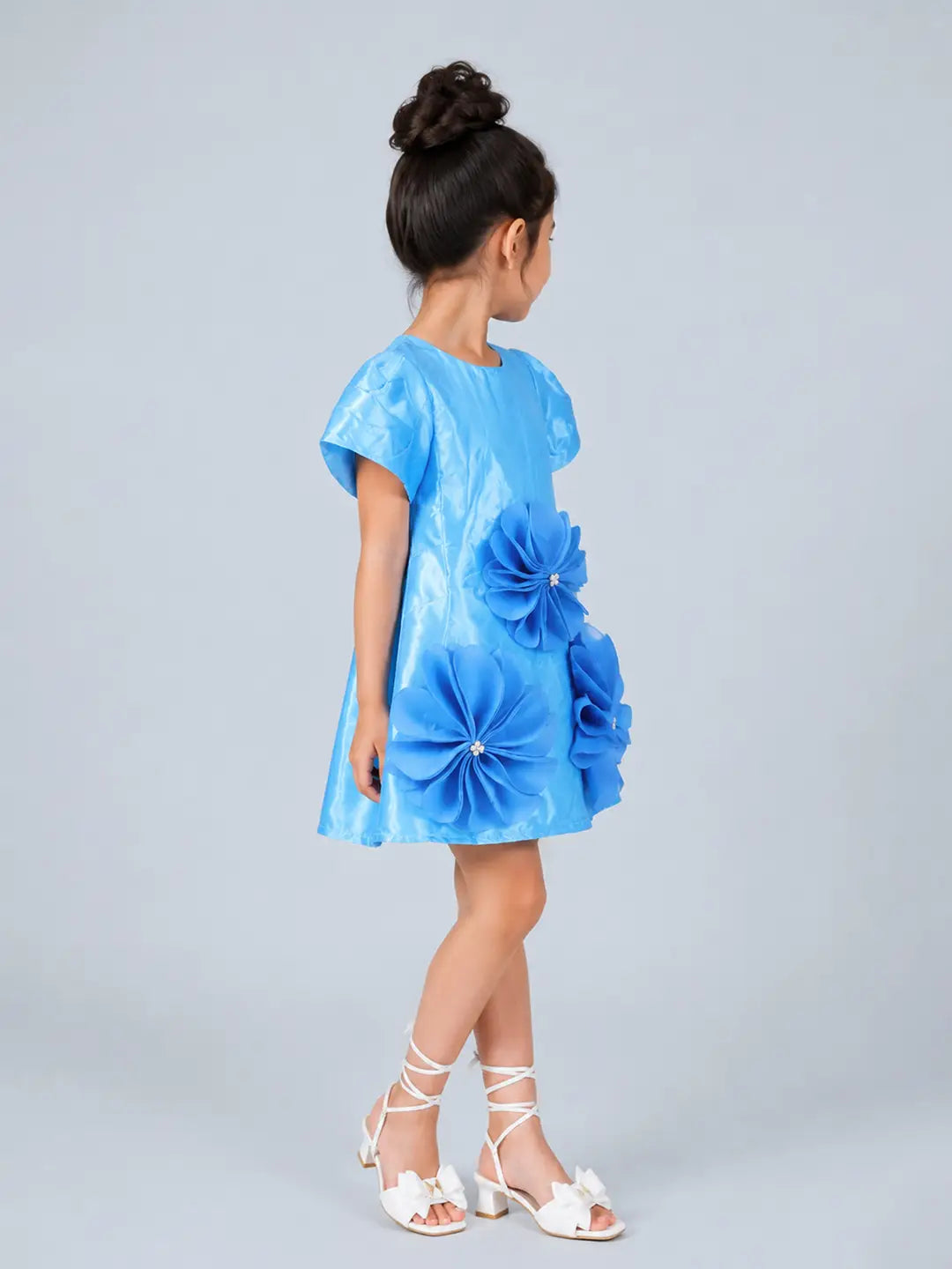 Blue Satin oversized 3D Floral with Flutter Sleeves Party Dress for Girls