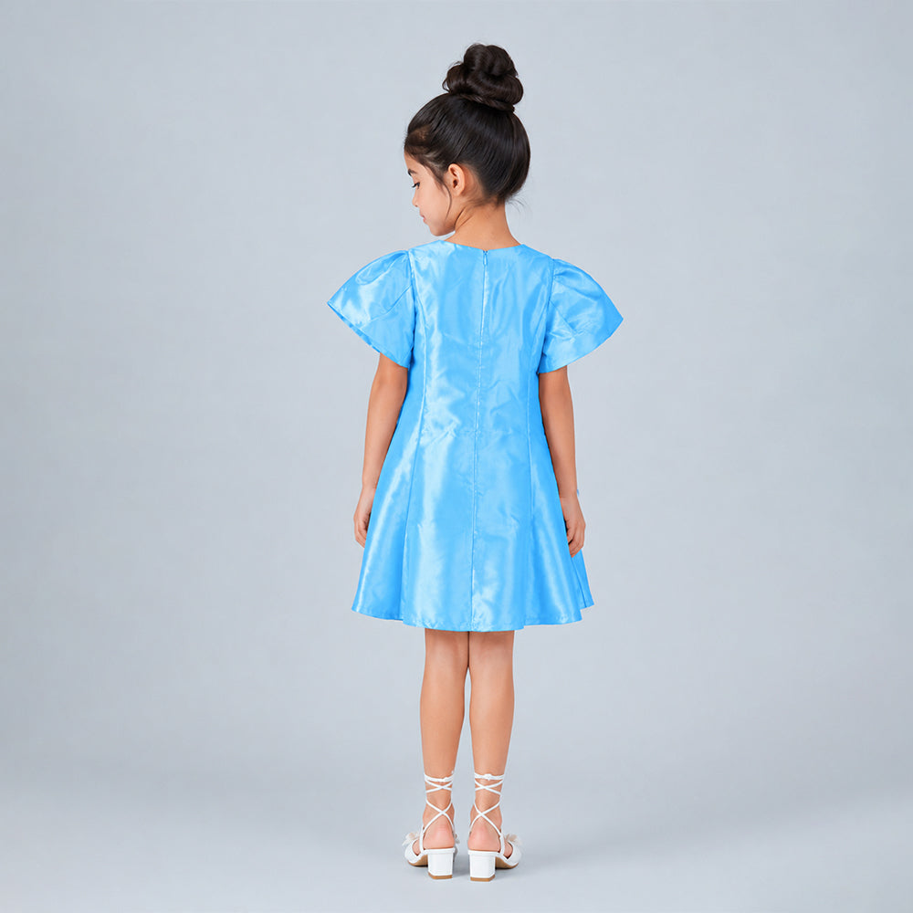 Blue Satin oversized 3D Floral with Flutter Sleeves Party Dress for Girls