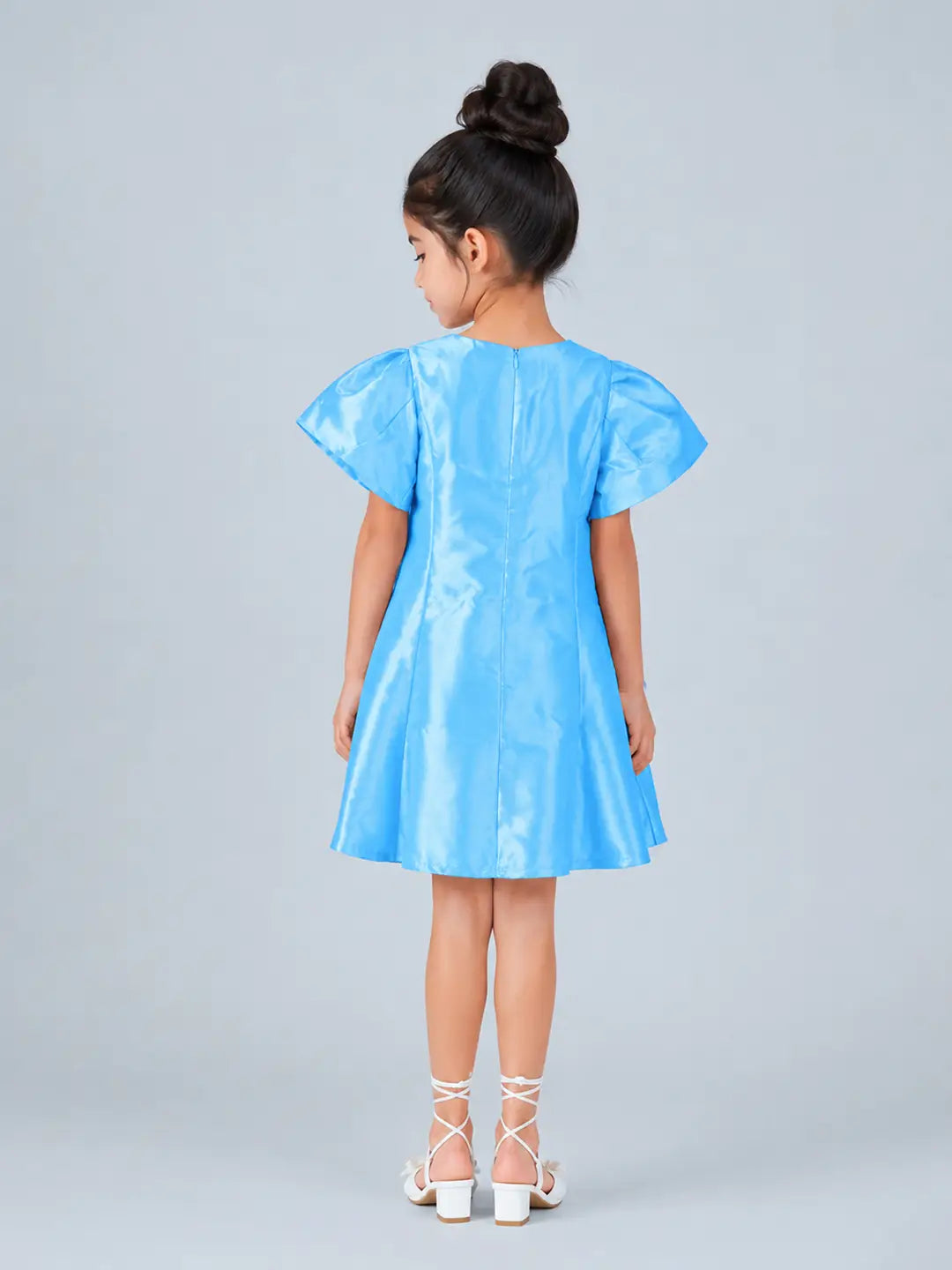 Blue Satin oversized 3D Floral with Flutter Sleeves Party Dress for Girls