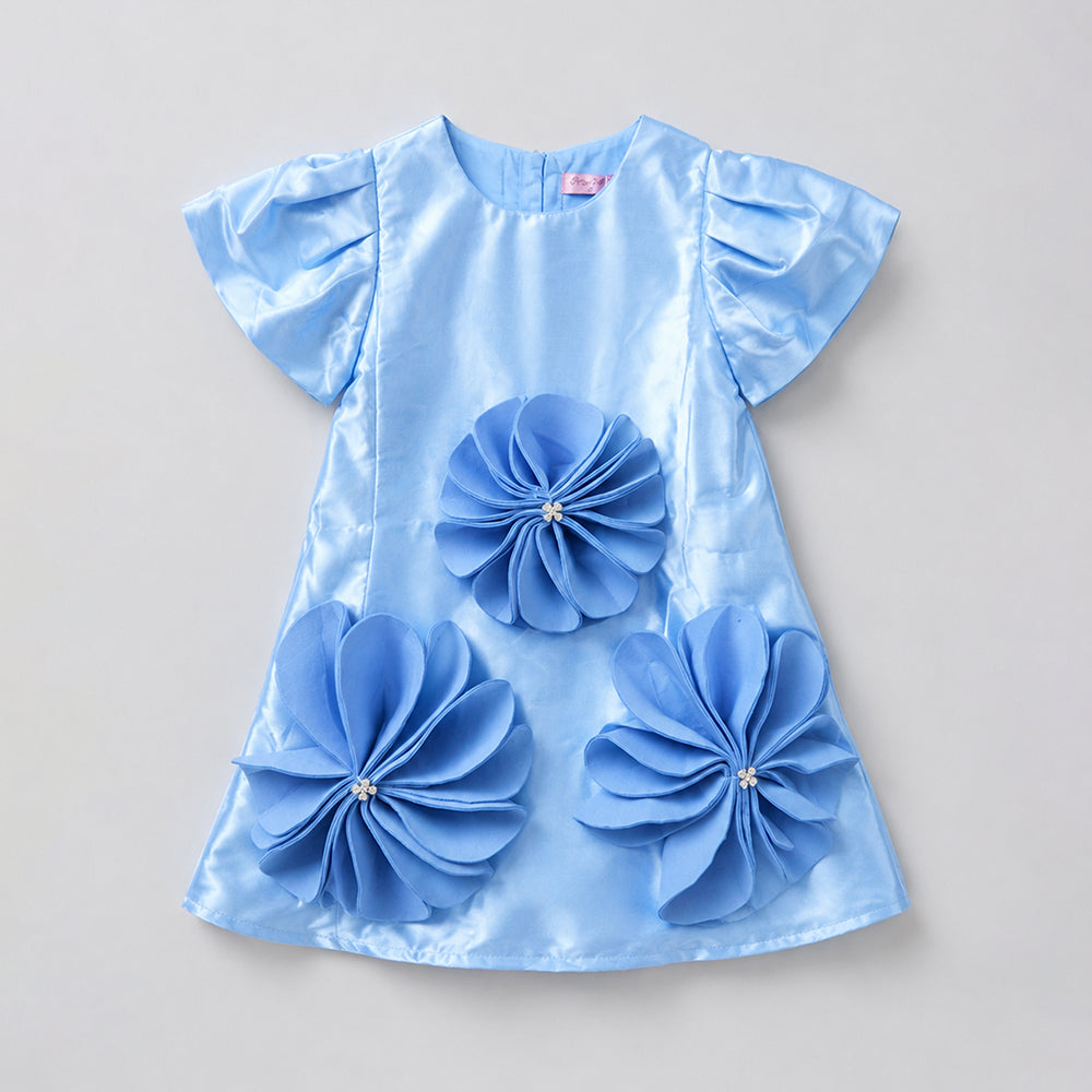 Blue Satin oversized 3D Floral with Flutter Sleeves Party Dress for Girls