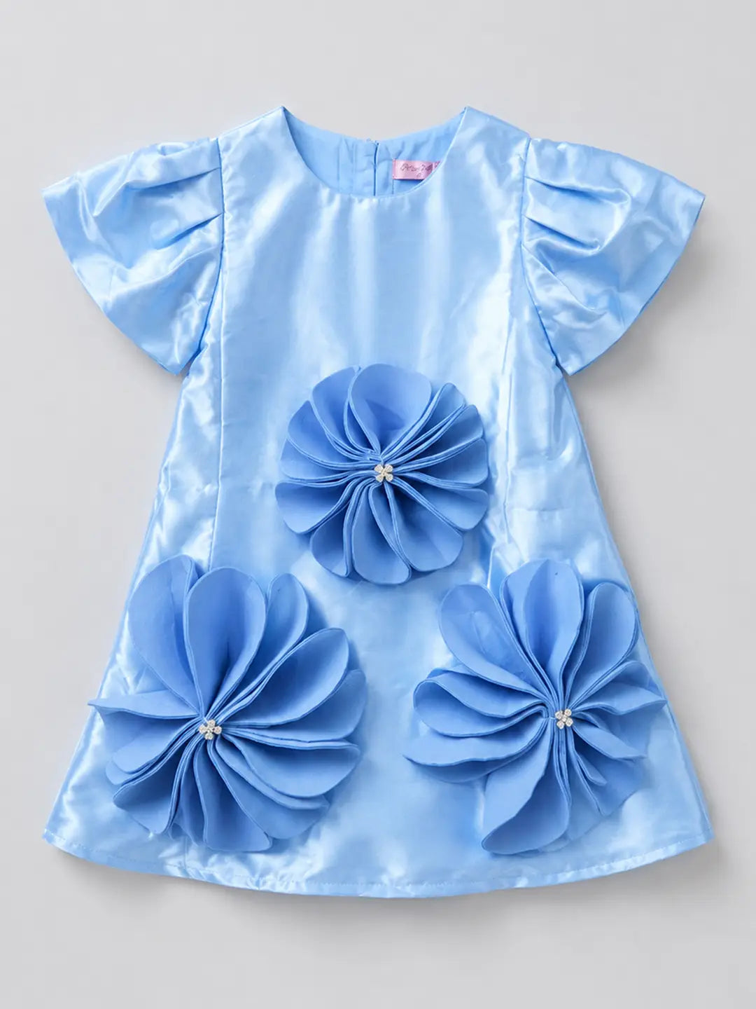 Blue Satin oversized 3D Floral with Flutter Sleeves Party Dress for Girls