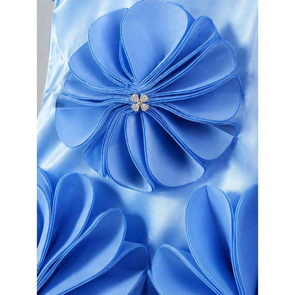 Blue Satin oversized 3D Floral with Flutter Sleeves Party Dress for Girls
