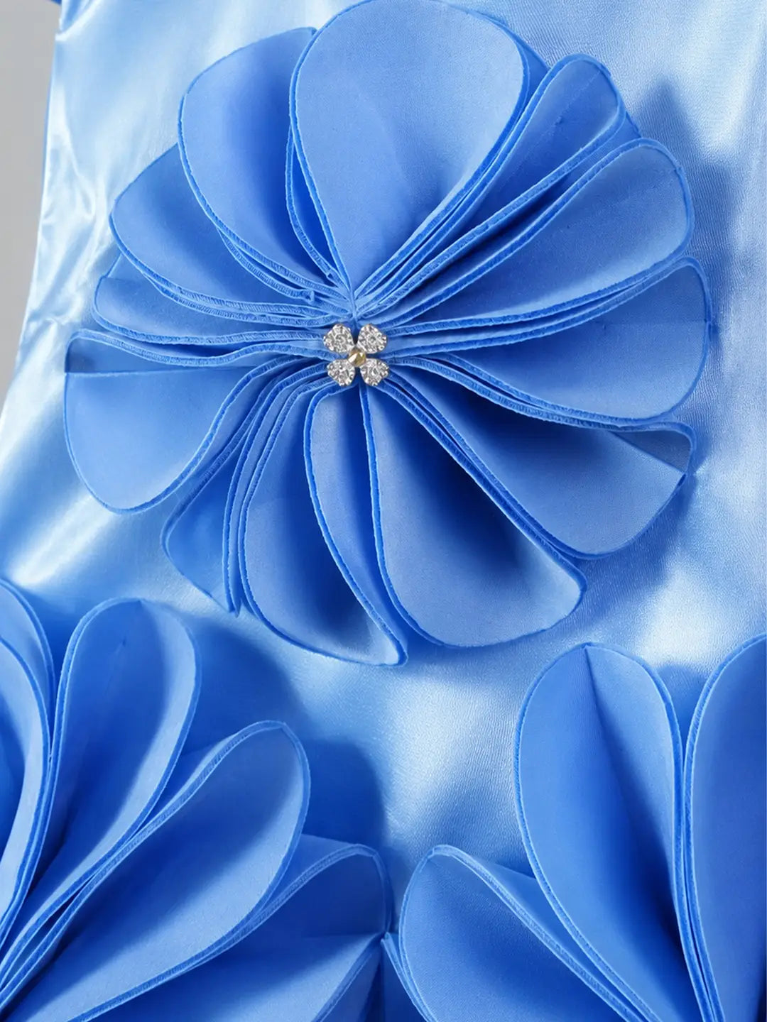 Blue Satin oversized 3D Floral with Flutter Sleeves Party Dress for Girls