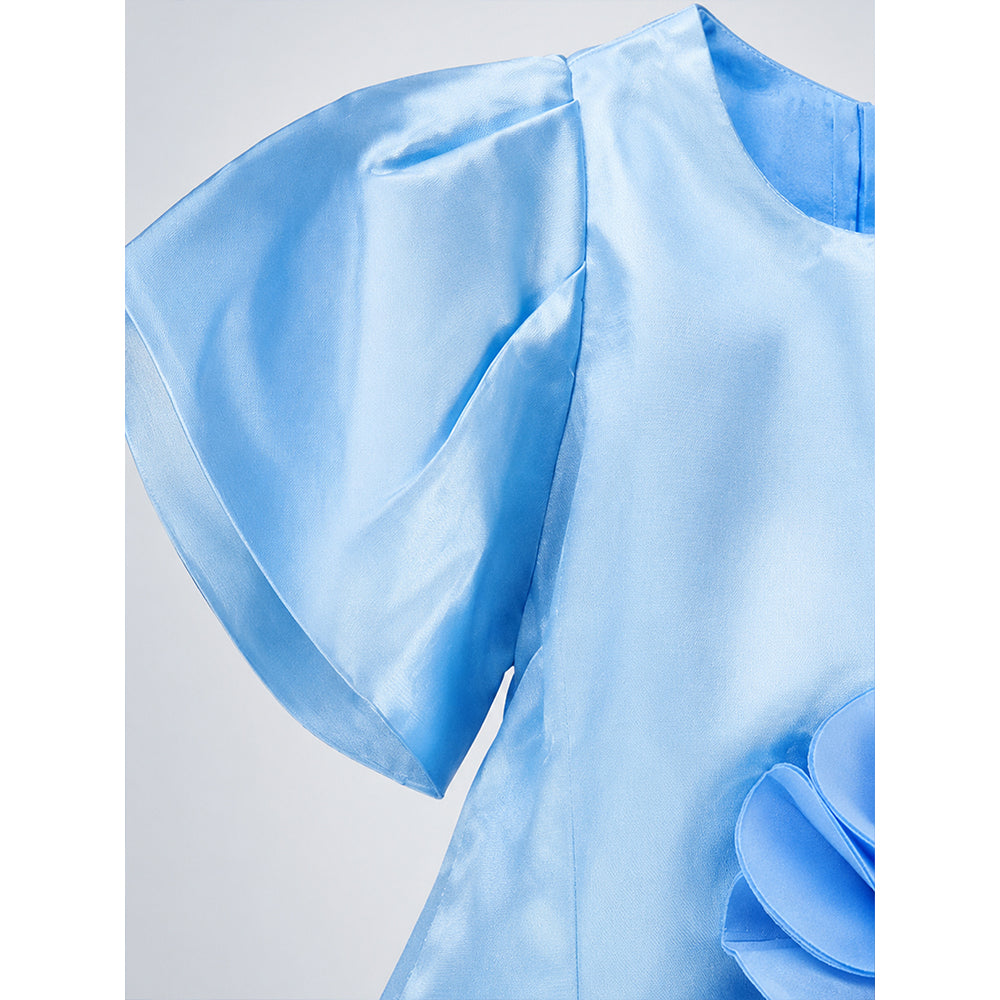 Blue Satin oversized 3D Floral with Flutter Sleeves Party Dress for Girls