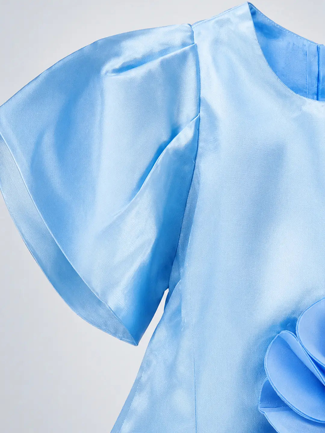 Blue Satin oversized 3D Floral with Flutter Sleeves Party Dress for Girls