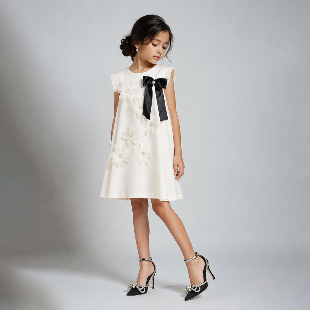 Cream 3D Floral Dress with Detachable Black Bow & Crown Brooch for Girls
