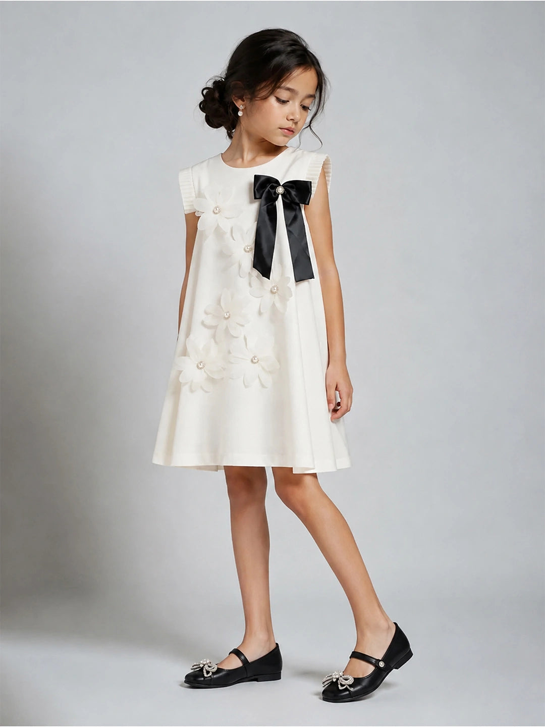 Cream 3D Floral Dress with Detachable Black Bow & Crown Brooch for Girls