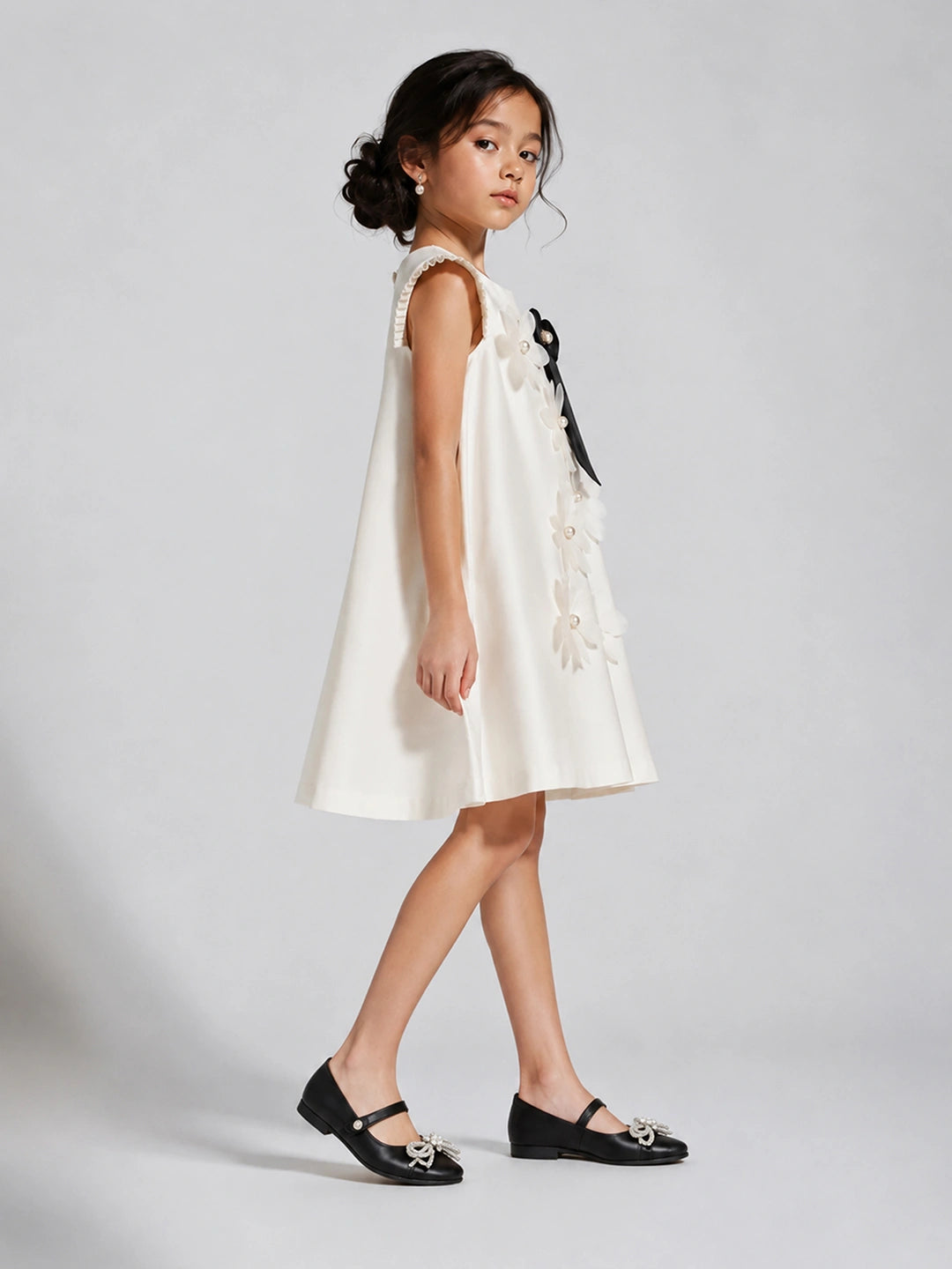Cream 3D Floral Dress with Detachable Black Bow & Crown Brooch for Girls