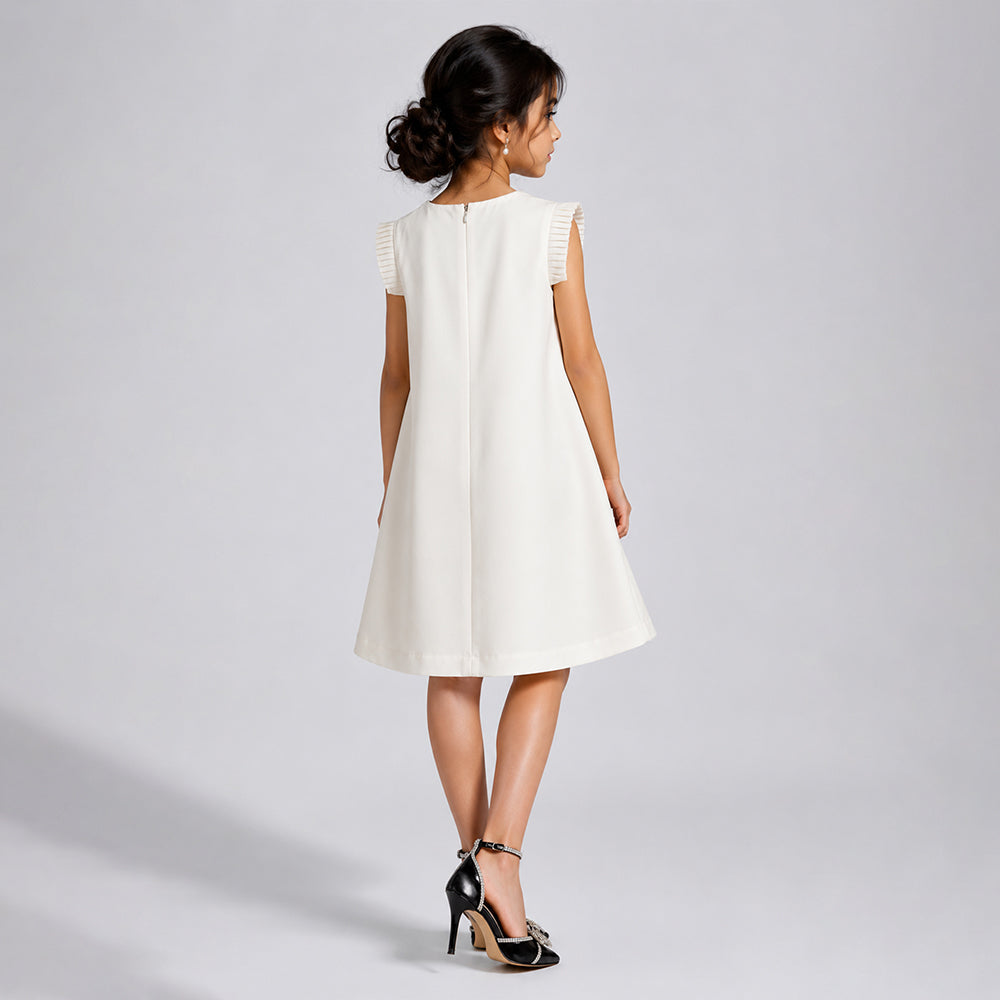 Cream 3D Floral Dress with Detachable Black Bow & Crown Brooch for Girls