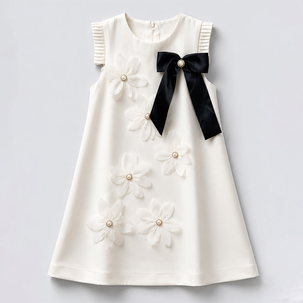 Cream 3D Floral Dress with Detachable Black Bow & Crown Brooch for Girls