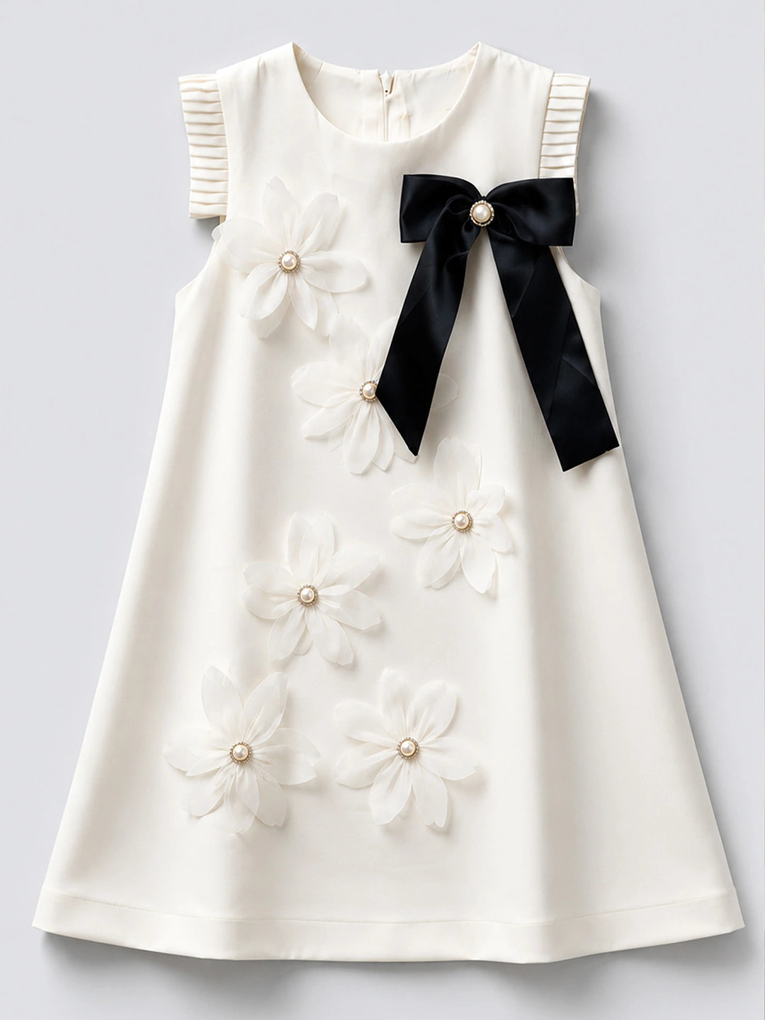 Cream 3D Floral Dress with Detachable Black Bow & Crown Brooch for Girls