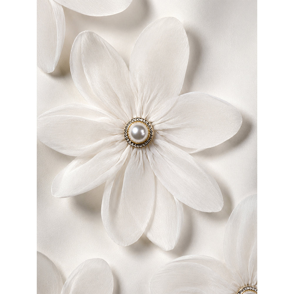 Cream 3D Floral Dress with Detachable Black Bow & Crown Brooch for Girls