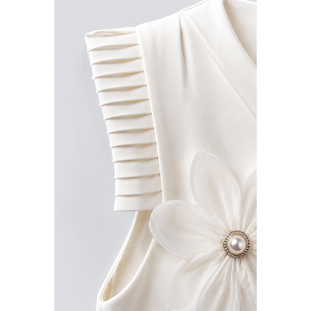 Cream 3D Floral Dress with Detachable Black Bow & Crown Brooch for Girls