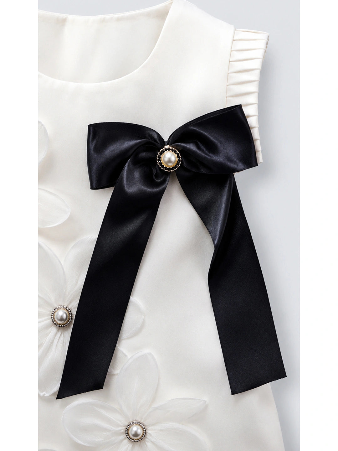 Cream 3D Floral Dress with Detachable Black Bow & Crown Brooch for Girls