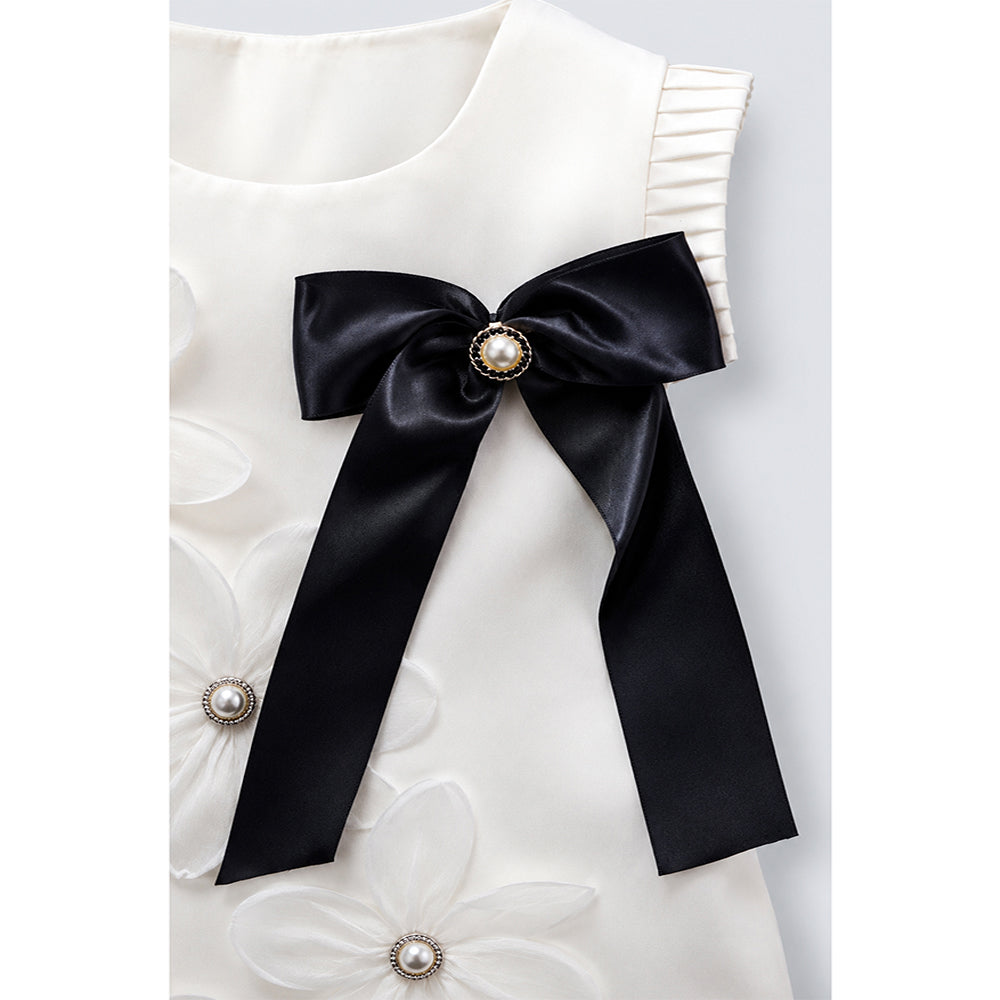 Cream 3D Floral Dress with Detachable Black Bow & Crown Brooch for Girls