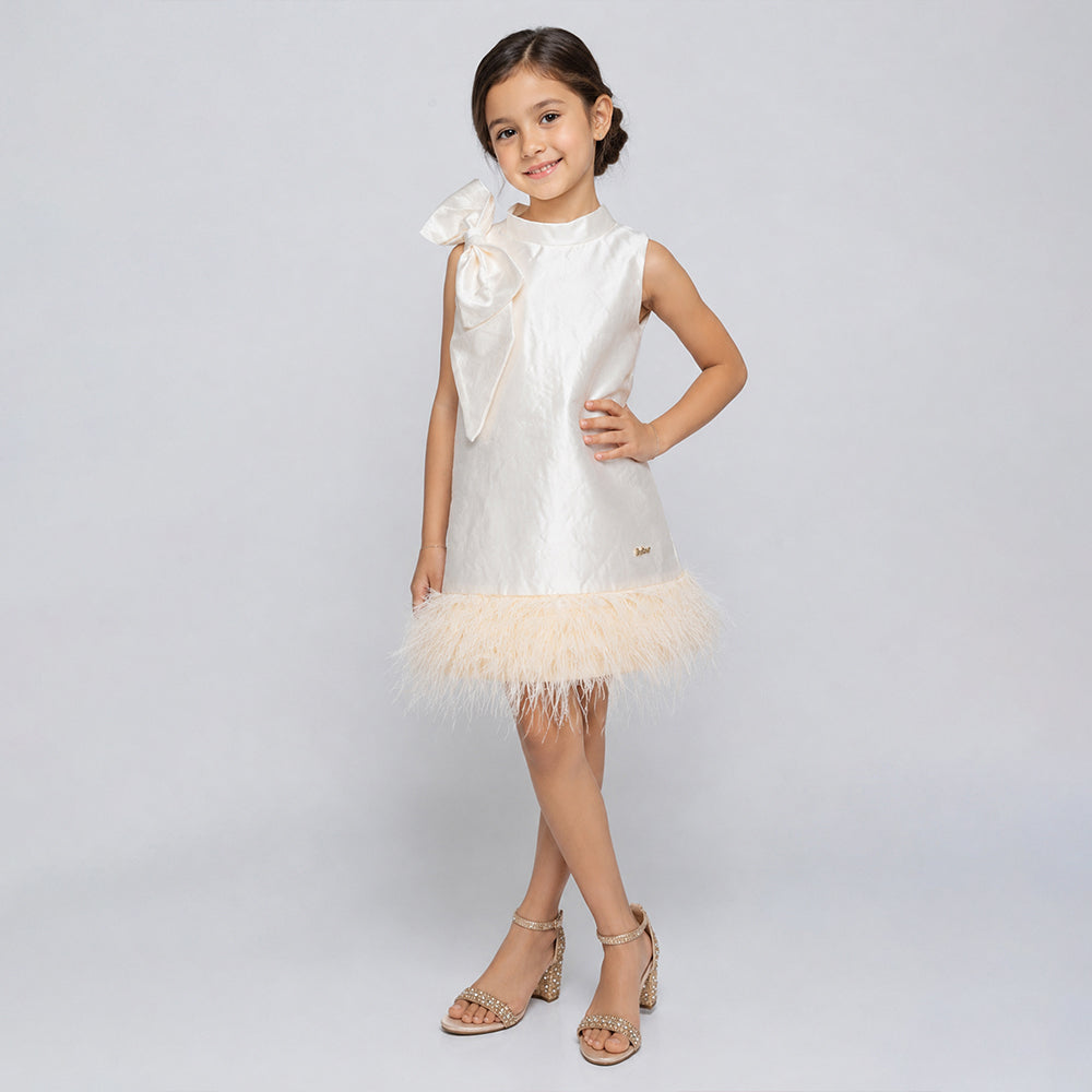 Ivory Satin Bow & Feather Trim Party Dress for Girls