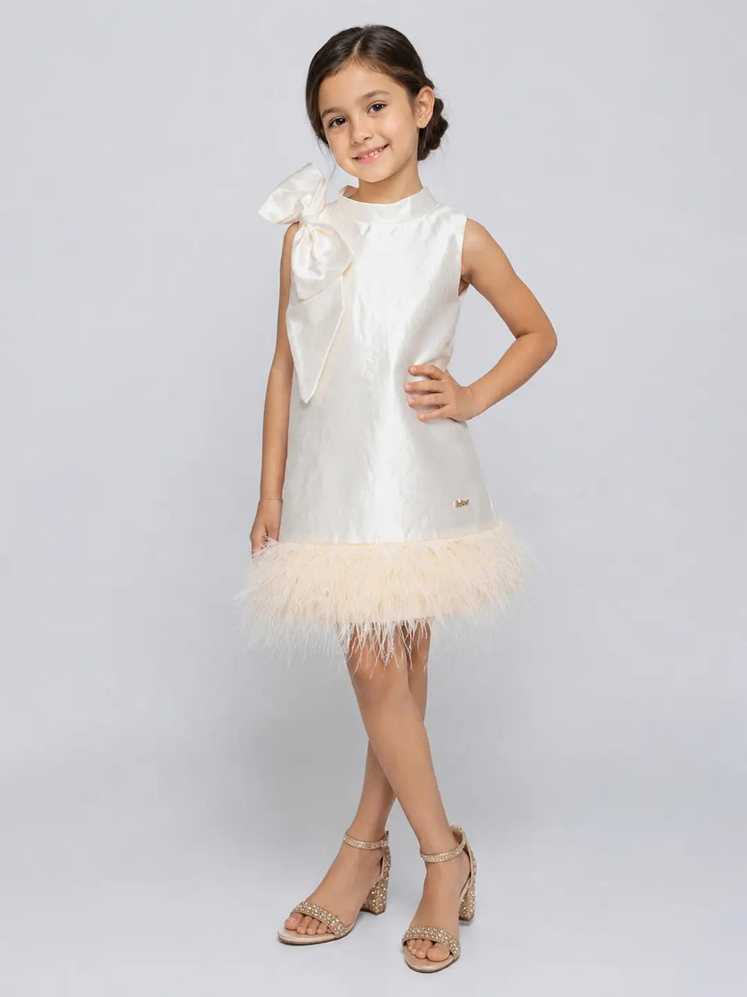 Ivory Satin Bow & Feather Trim Party Dress for Girls