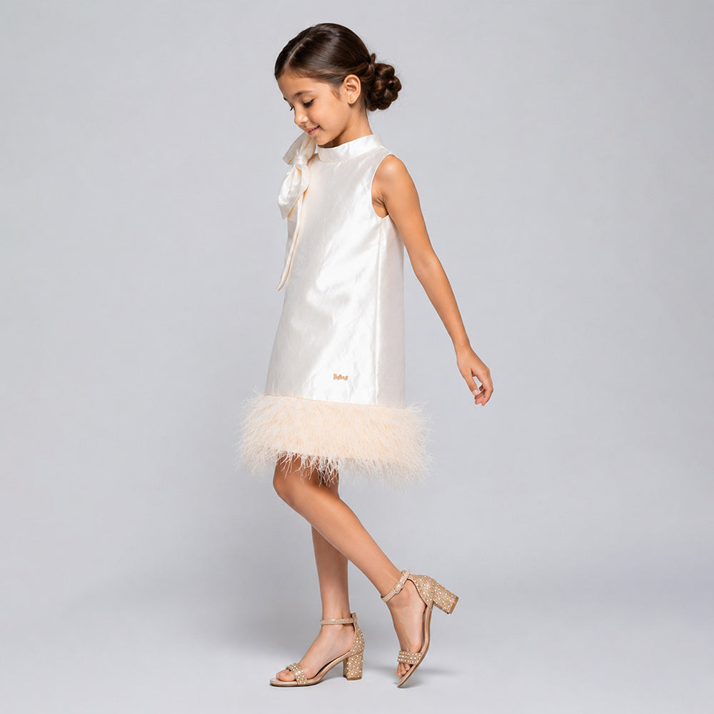 Ivory Satin Bow & Feather Trim Party Dress for Girls