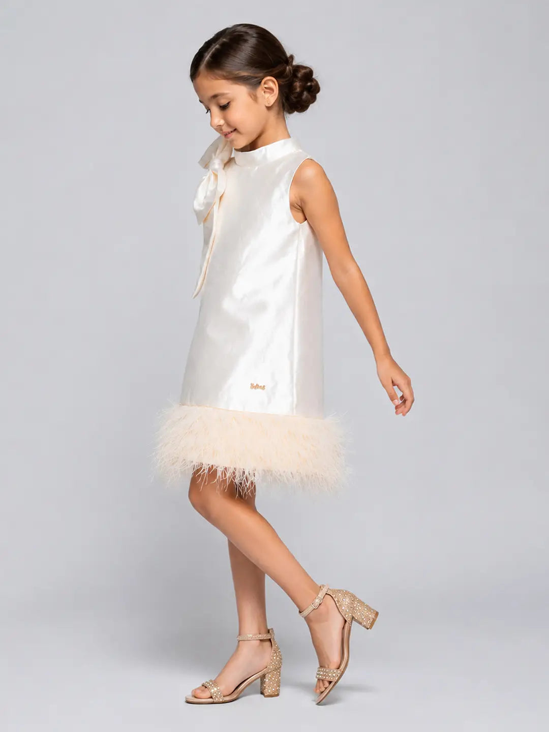 Ivory Satin Bow & Feather Trim Party Dress for Girls