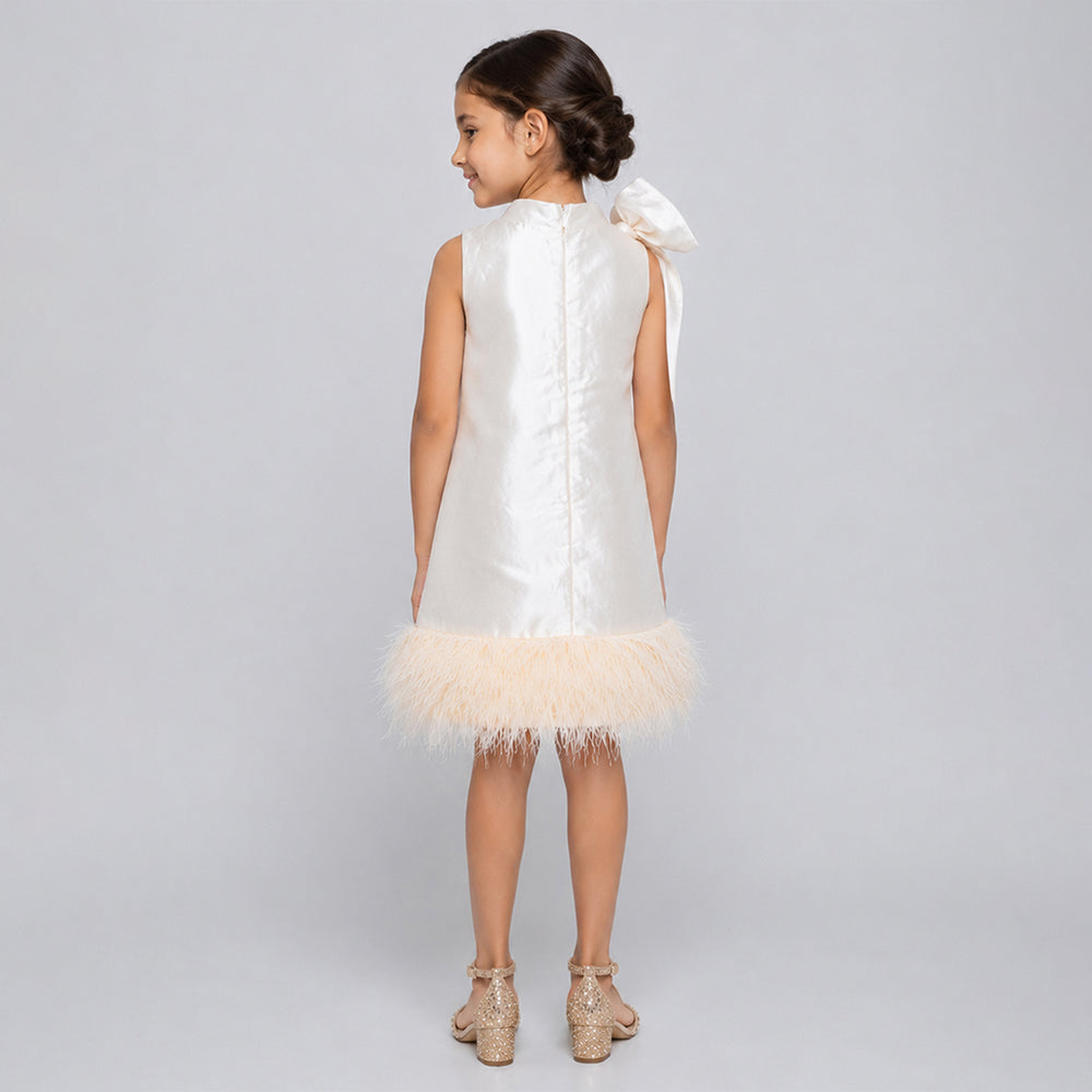Ivory Satin Bow & Feather Trim Party Dress for Girls