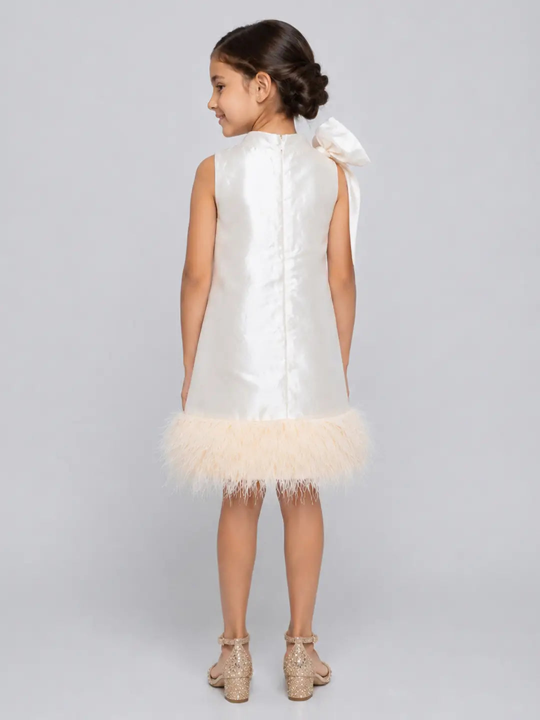 Ivory Satin Bow & Feather Trim Party Dress for Girls