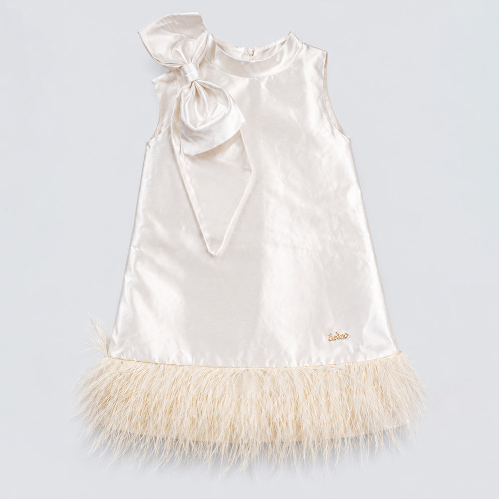 Ivory Satin Bow & Feather Trim Party Dress for Girls